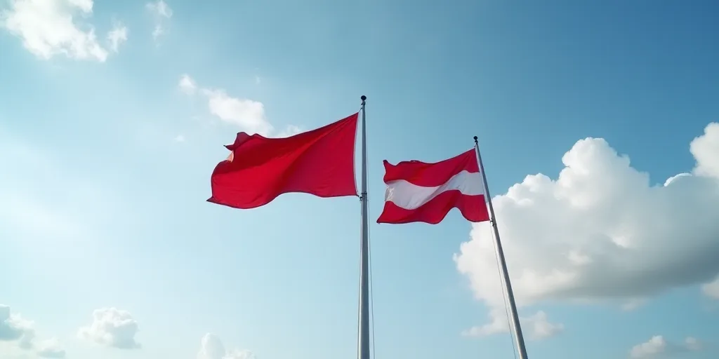 two flags flying in the wind on a cloudy day with blue sky in the background and white clouds in the