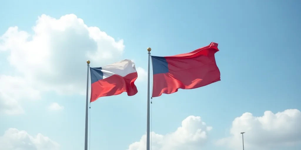 two flags flying in the wind on a cloudy day with blue sky in the background and white clouds in the