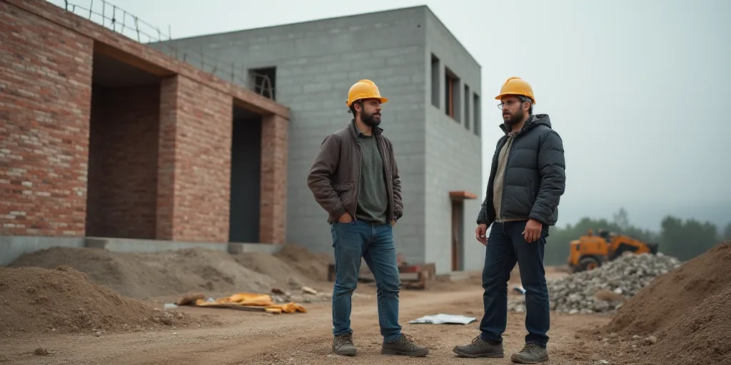 two men are standing on a construction site with a brick wall and cement blocks behind them, and a b