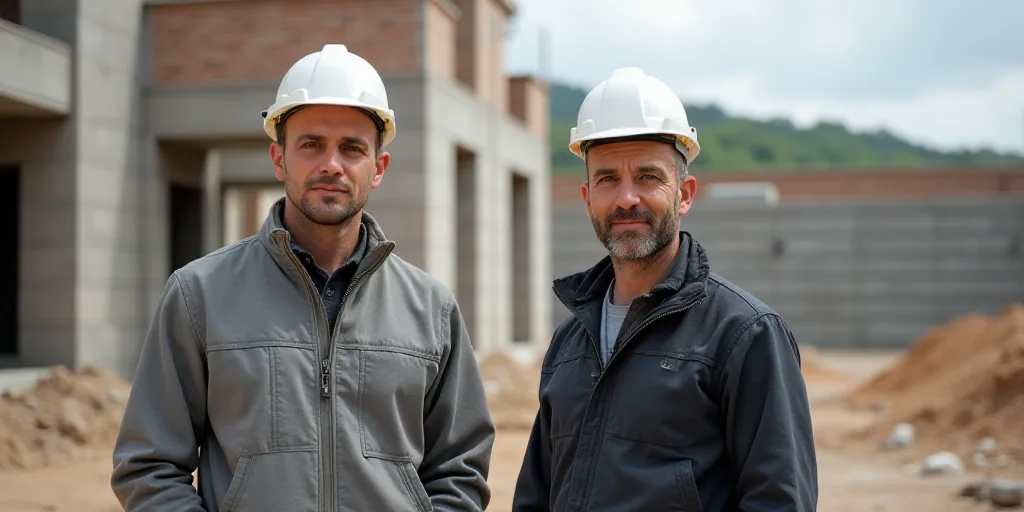 two men are standing on a construction site with a brick wall and cement blocks behind them, and a b
