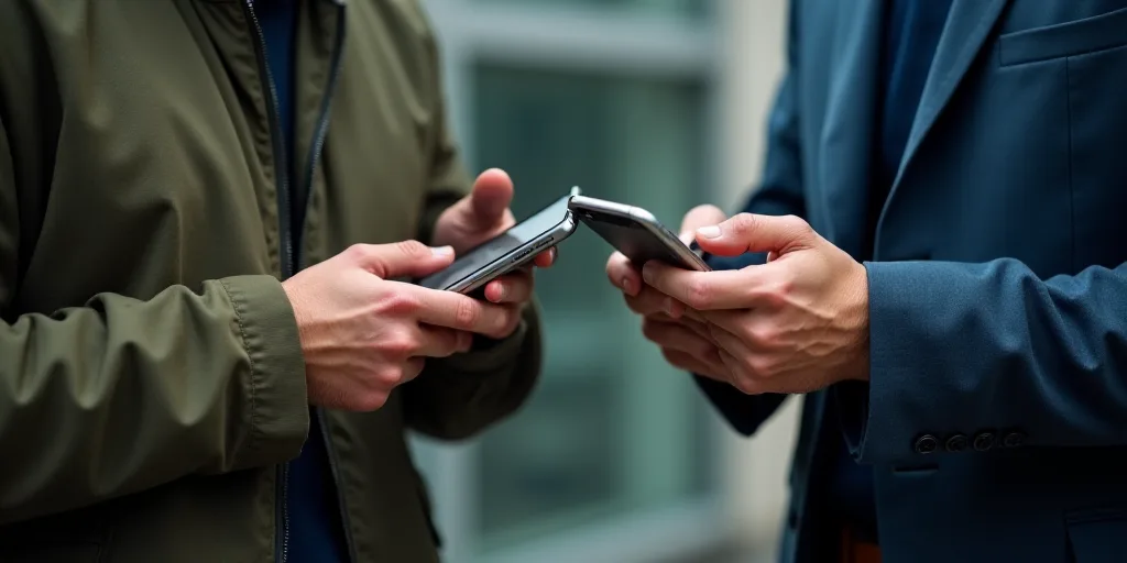two men are using their cell phones together in a group of hands, one of them is holding a smart pho