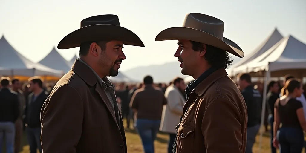 two men in cowboy hats are talking to each other in a crowd of people in a tent area with a white te