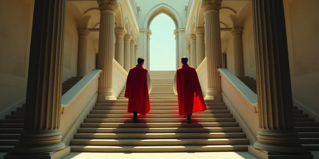two men in red and white robes walking down a staircase in a building with columns and arches on eit