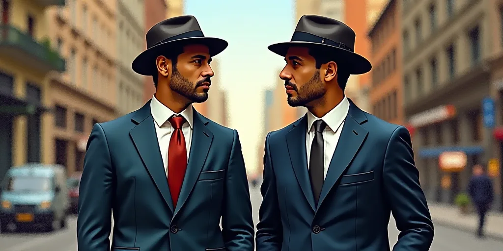 two men in suits and hats standing next to each other in a city street with tall buildings in the ba