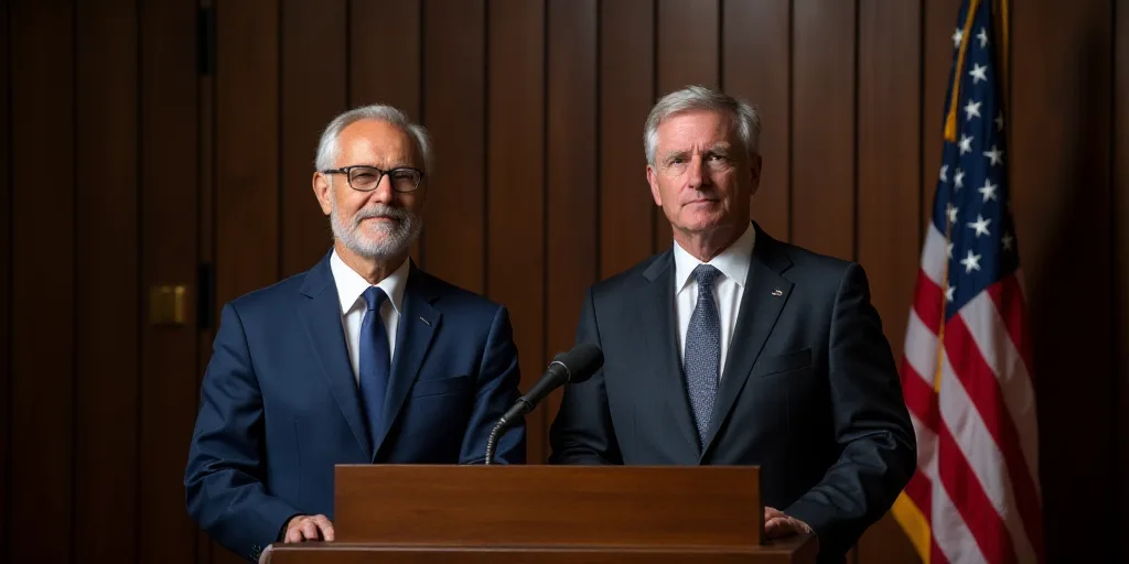two men in suits and ties standing in front of a podium with a microphone and a flag behind them, An