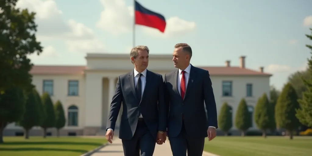 two men in suits and ties walking together in front of a flag and a building with a flag on it, Andr