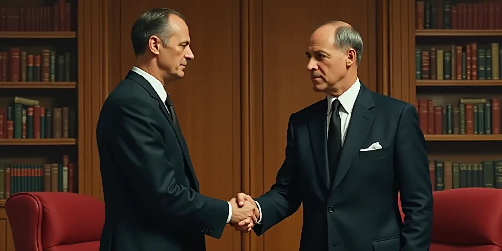 two men in suits shaking hands in a room with wooden walls and bookshelves behind them, one in a sui