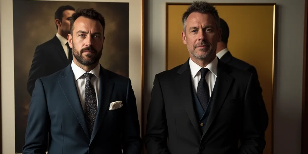 two men in suits standing next to each other in front of a poster of a man in a suit, Aloysius O'Kel