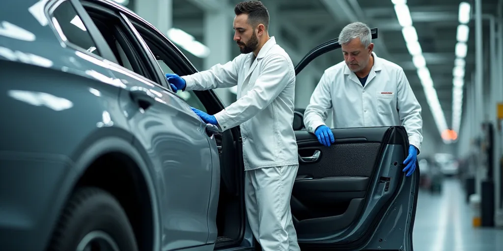 two men in white suits working on a car in a factory with a car door open and a car being worked on,