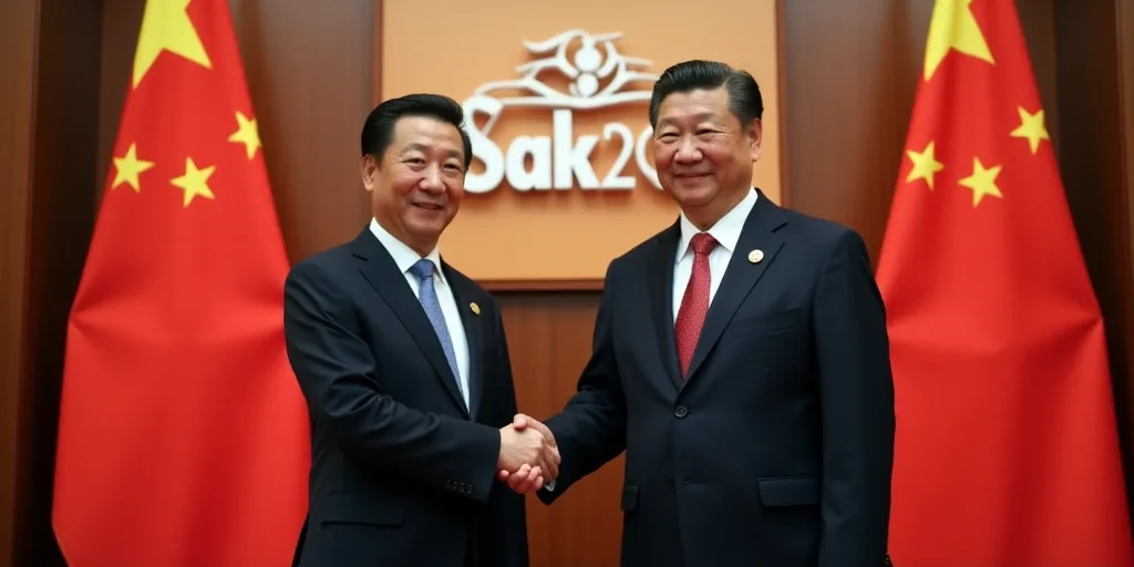 two men shaking hands in front of two flags and a sign that says sak20 on it and a man in a suit and
