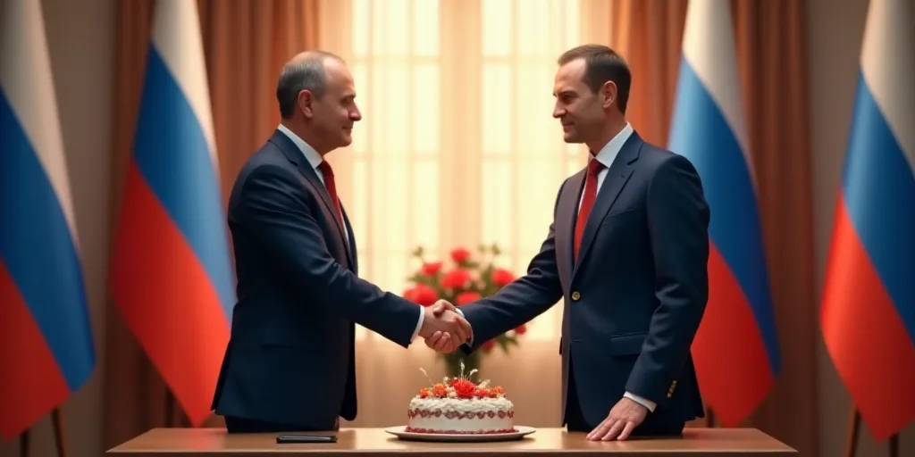 two men shaking hands in front of flags and a table with a cake on it and a vase with flowers, Boris