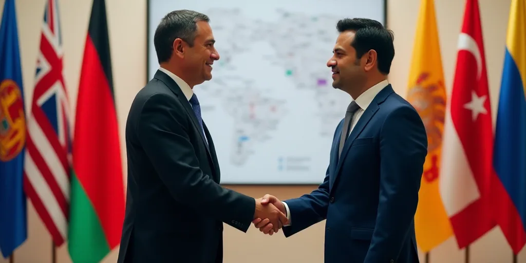 two men shaking hands in front of a sign and flags of different countries and colors in the backgrou