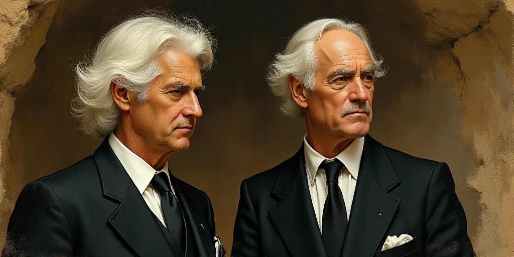 two men with white hair and one with a black suit and tie, both looking at something in the distance
