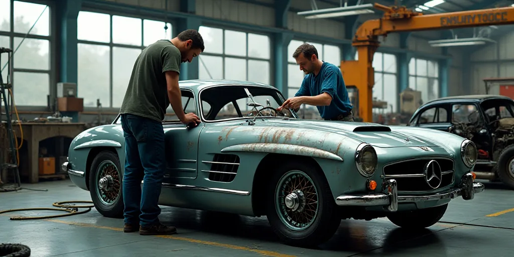 two men working on a car in a factory with a crane in the background and a car being worked on, Engu