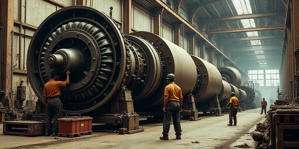two men working on a large engine in a factory with other workers nearby on the side of the road, É
