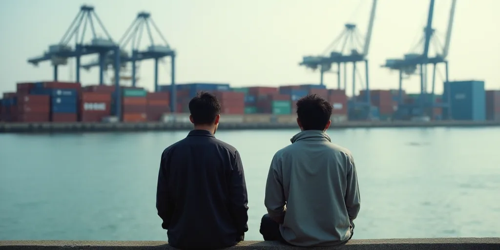 two people looking at a large container yard with cranes in the background and a body of water in th