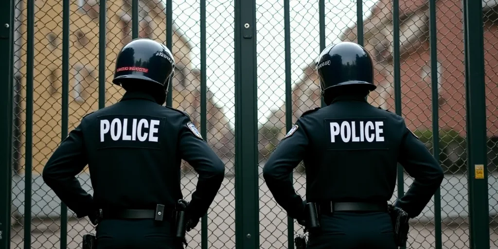 two police officers standing behind a metal fence with their helmets on and their hands on their hip
