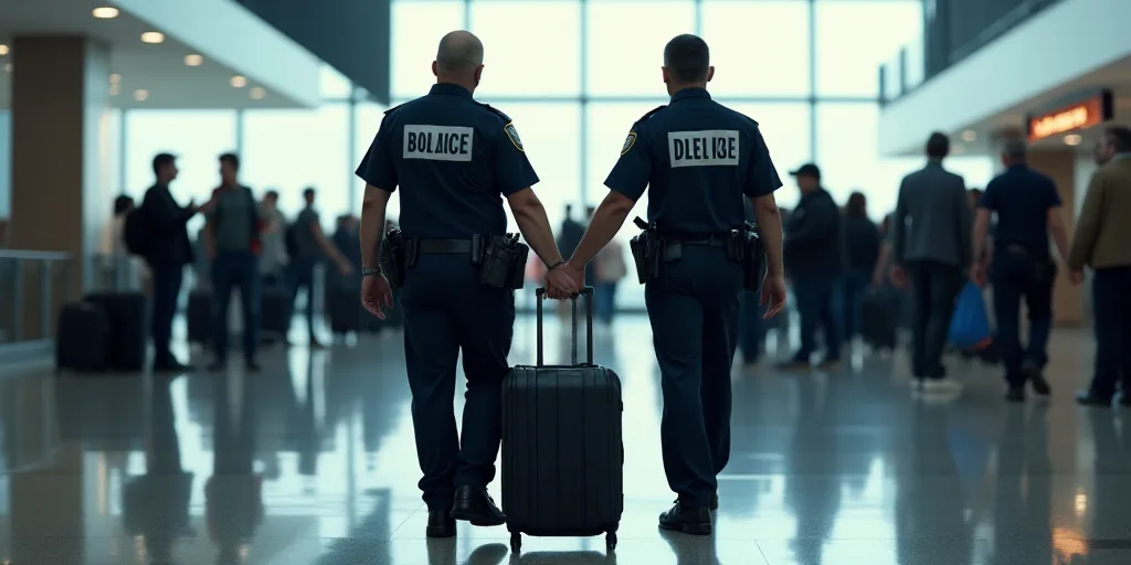 two police officers walking through an airport terminal with luggage bags on their backs and people