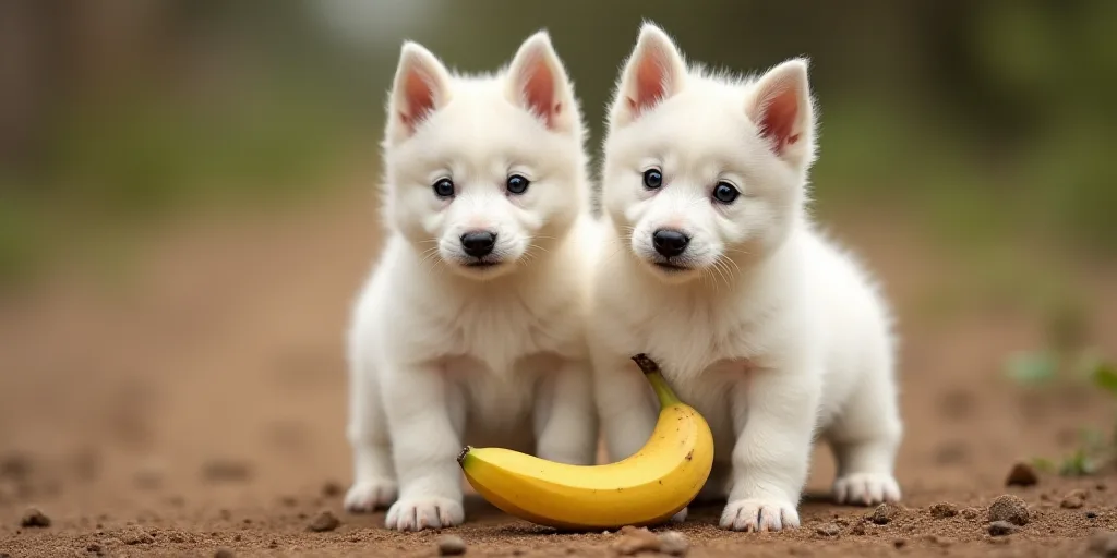 two white puppies standing next to each other on a dirt ground with a banana peel in the foreground,