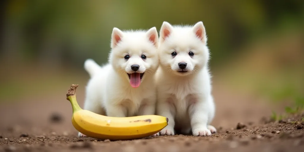two white puppies standing next to each other on a dirt ground with a banana peel in the foreground,