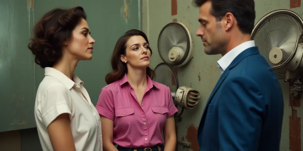 two women are standing in front of a fan and a picture of a woman in a pink shirt and a man in a blu