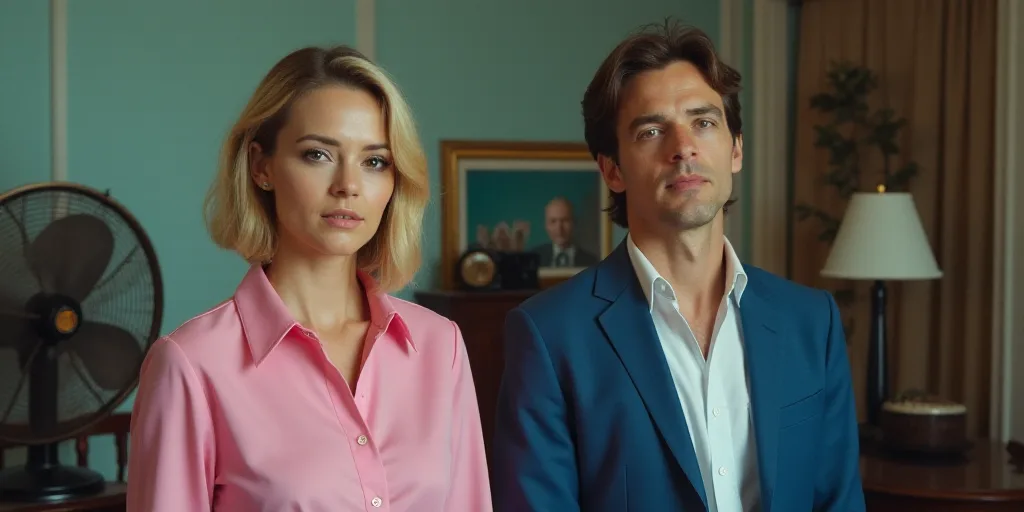 two women are standing in front of a fan and a picture of a woman in a pink shirt and a man in a blu