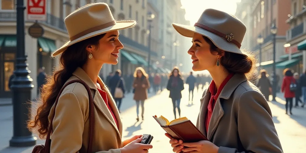 two women in hats are talking on the street while one holds a book and the other holds a bag, Aracel