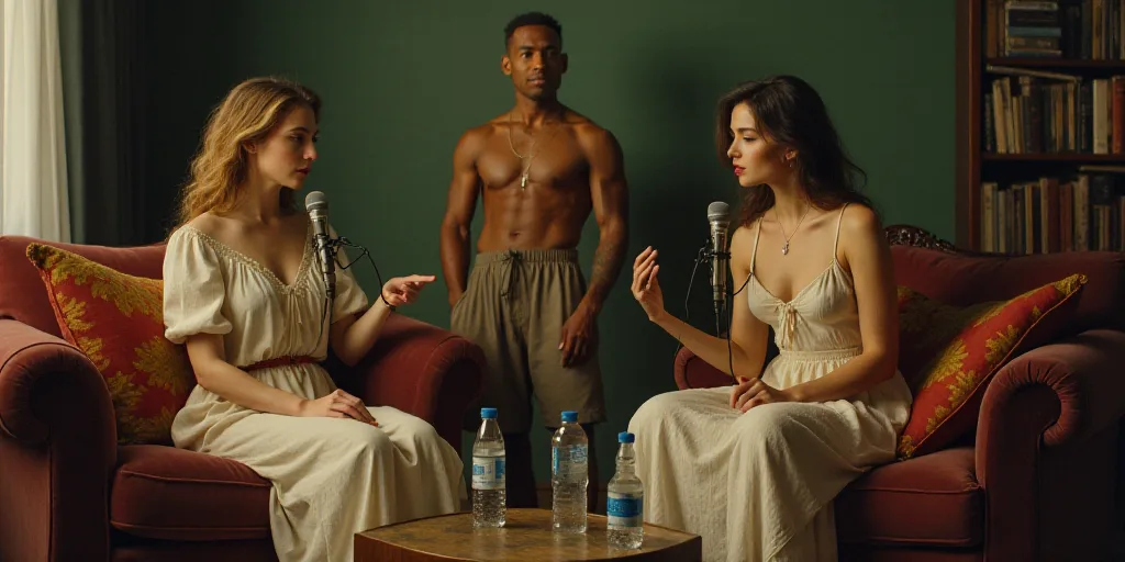 two women sitting on a couch talking into microphones at a table with water bottles on it and a man