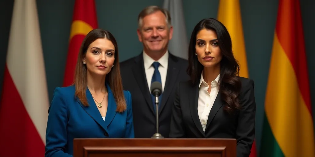 two women standing at a podium with flags behind them and a man standing behind them with a micropho