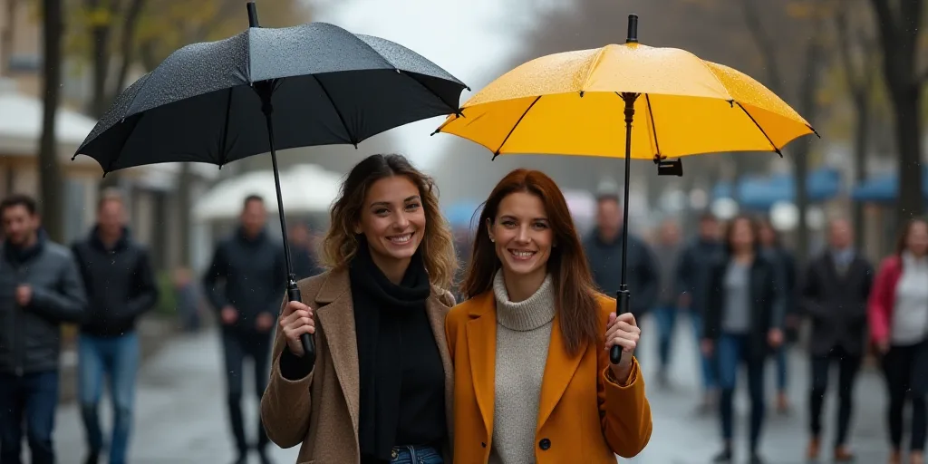 two women walking down a street holding umbrellas in their hands and smiling at the camera, with peo