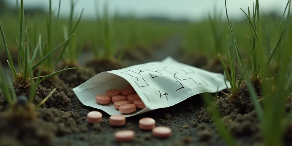 a bag of pills lies in a field of plants and weeds, with a bag of pills in the foreground, David Imm