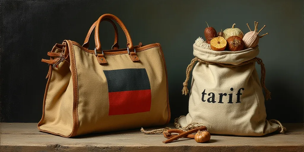 a bag with a flag on it and a sack with a bag of stuff in it with the word tarif written on it, Andr