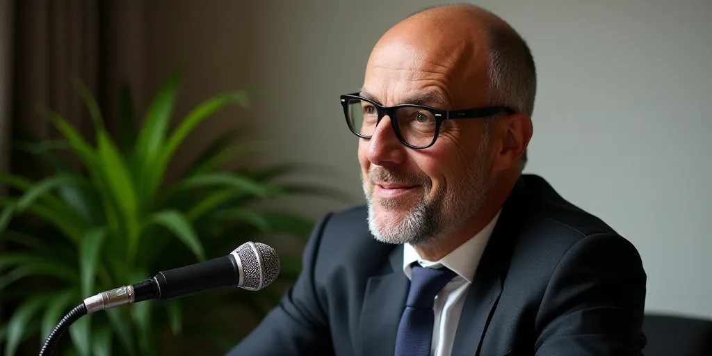 a bald man wearing glasses and a suit jacket is making a face while speaking into a microphone with