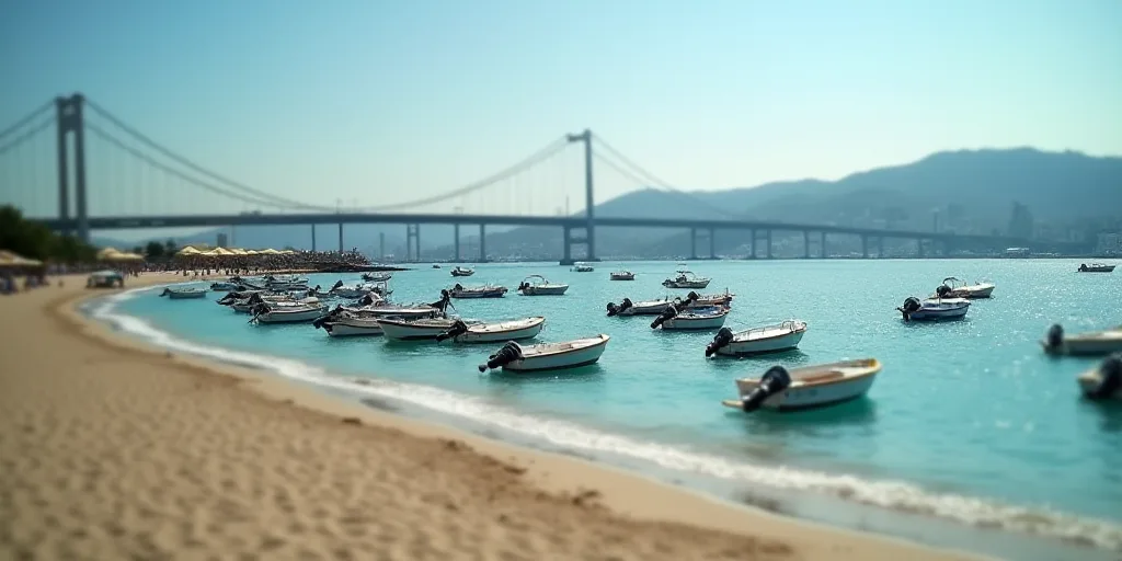 a beach with a bunch of boats in the water and a city in the background with a bridge over the water