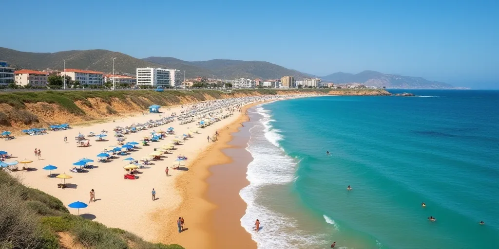 a beach with a lot of people on it and some water and sand and some umbrellas and people in the wate