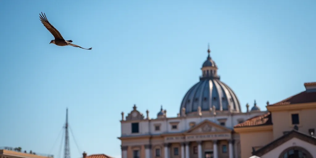 a bird flying over a building with a large building in the background and a blue sky in the foregrou