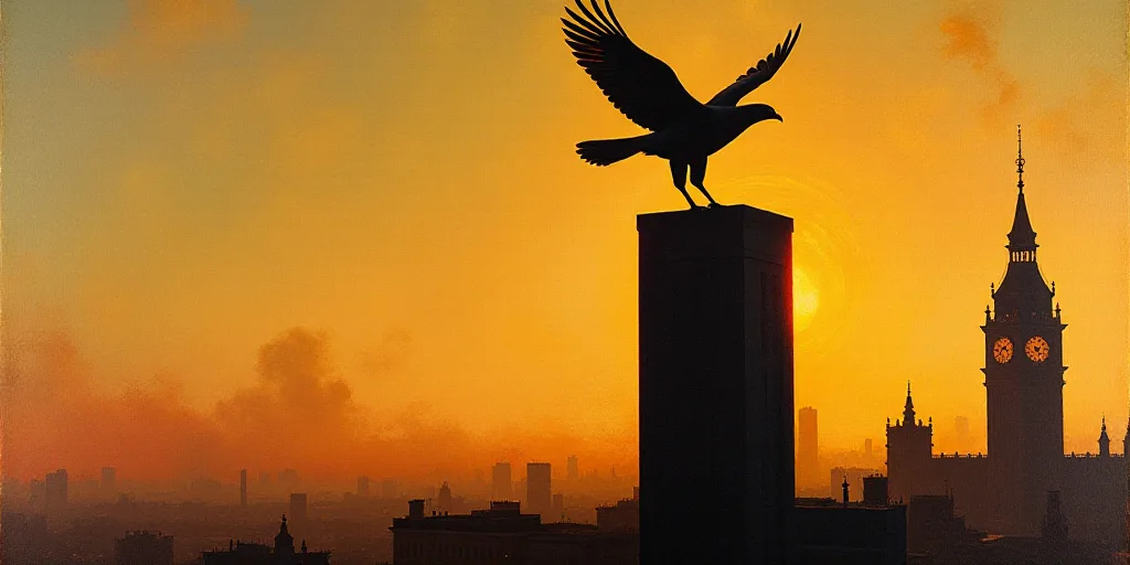 a bird flying over a tall building with a clock tower in the background at sunset or dawn with a bir