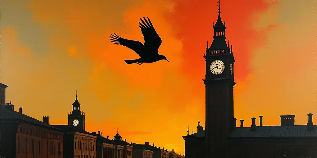 a bird flying over a tall building with a clock tower in the background at sunset or dawn with a bir