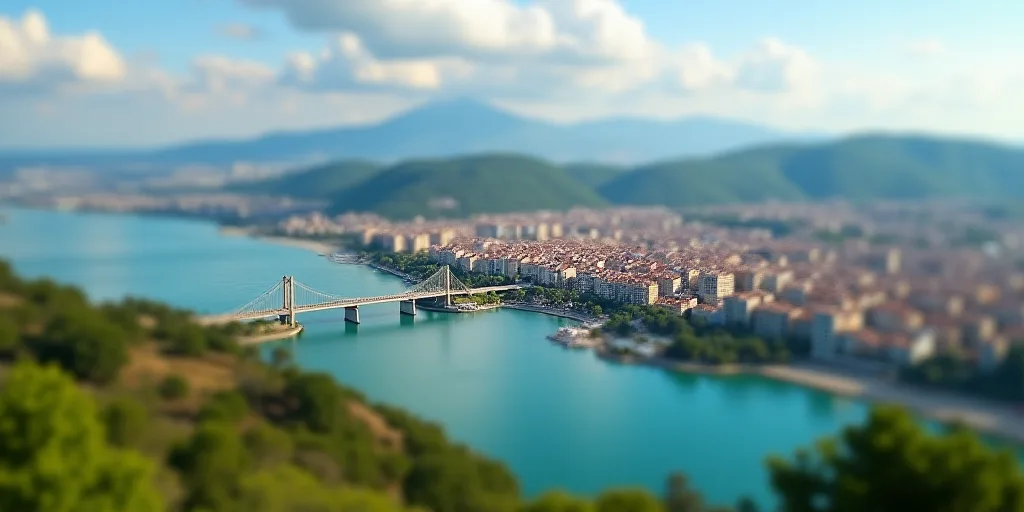 a bird's eye view of a city and a body of water with a bridge in the middle, Aquirax Uno, panoramic,
