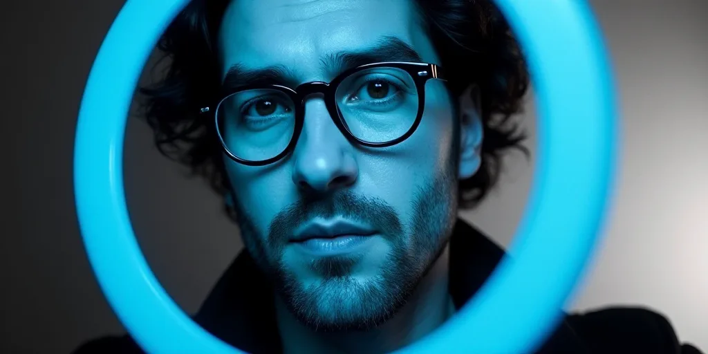 a black and white photo of a man with glasses and a blue circle around him is the caption for a book