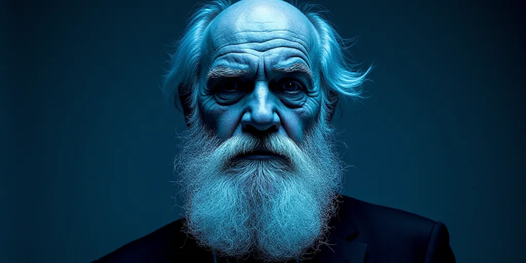 a blue and black photo of a man with a white beard and a black and blue background with the words op