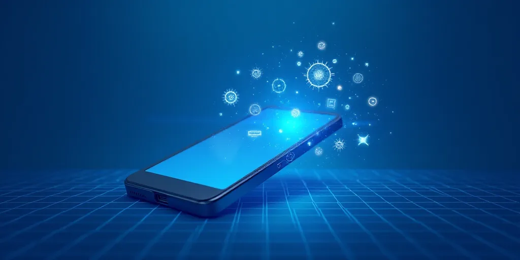 a blue background with a cell phone and icons on it, with a blue background with a blue grid, Ai-Mit