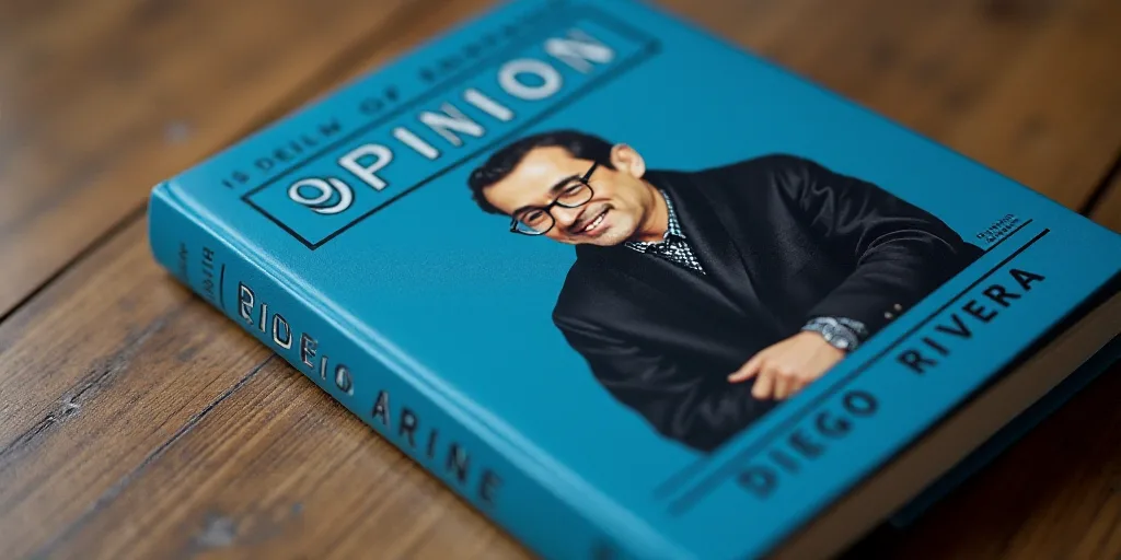 a blue book cover with a photo of a man in glasses and a black jacket on it, and the words, opinion,