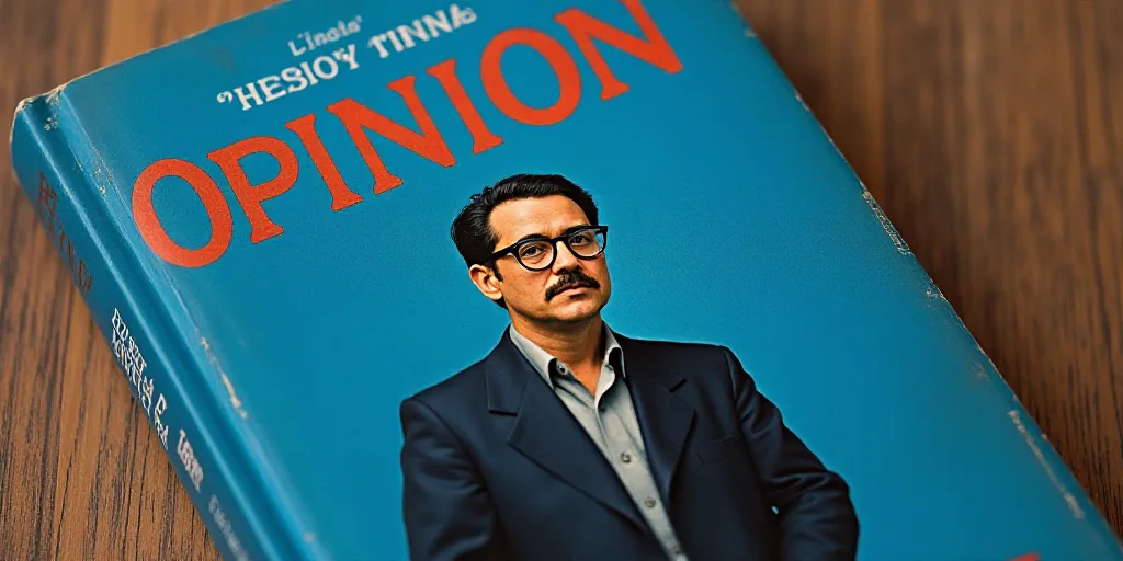 a blue book cover with a photo of a man in glasses and a black jacket on it, and the words, opinion,