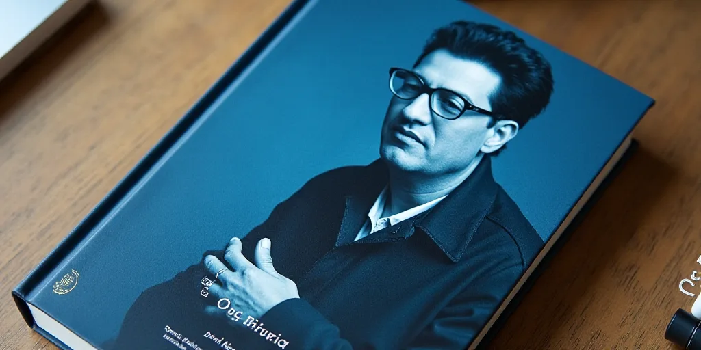 a blue book cover with a photo of a man in glasses and a black jacket on it, and the words, opinion,