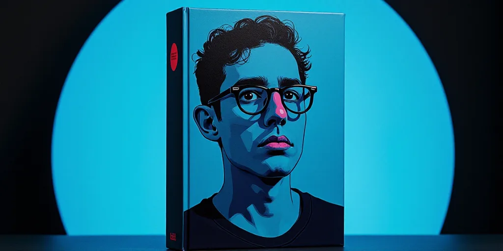 a blue book cover with a picture of a man in glasses and a black background with a blue circle, Agus