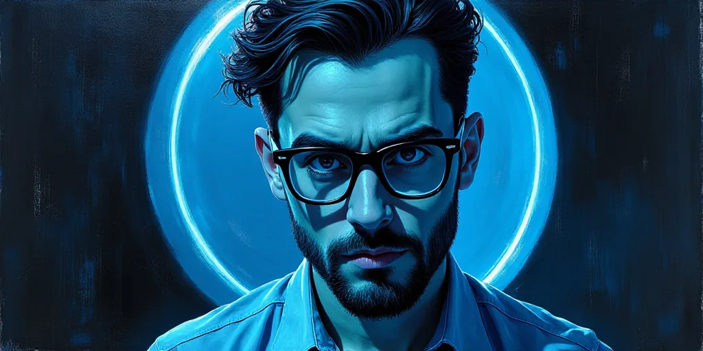 a blue book cover with a picture of a man in glasses and a black background with a blue circle, Agus