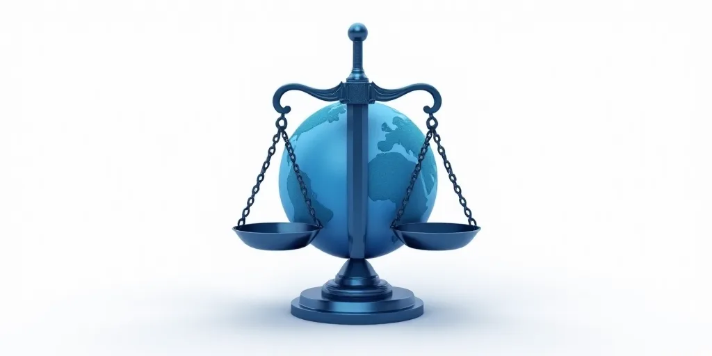 a blue globe and a blue metal justice scale with a sword on top of it, on a white background, Évari