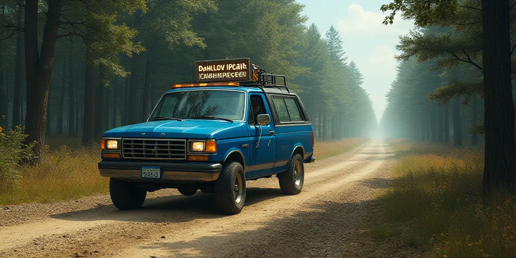 a blue truck is driving down a dirt road in the woods with a sign on the roof that says,, Dahlov Ipc