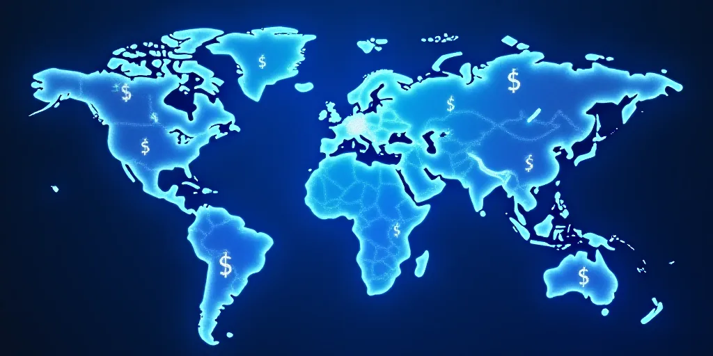 a blue world map with a lot of dollar signs on it and a blue background with a blue glow, Andries St